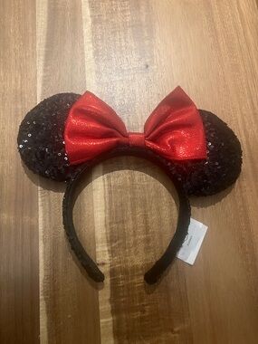 Disney Black Sequin Minnie Mouse Ear Headband with Red Bow